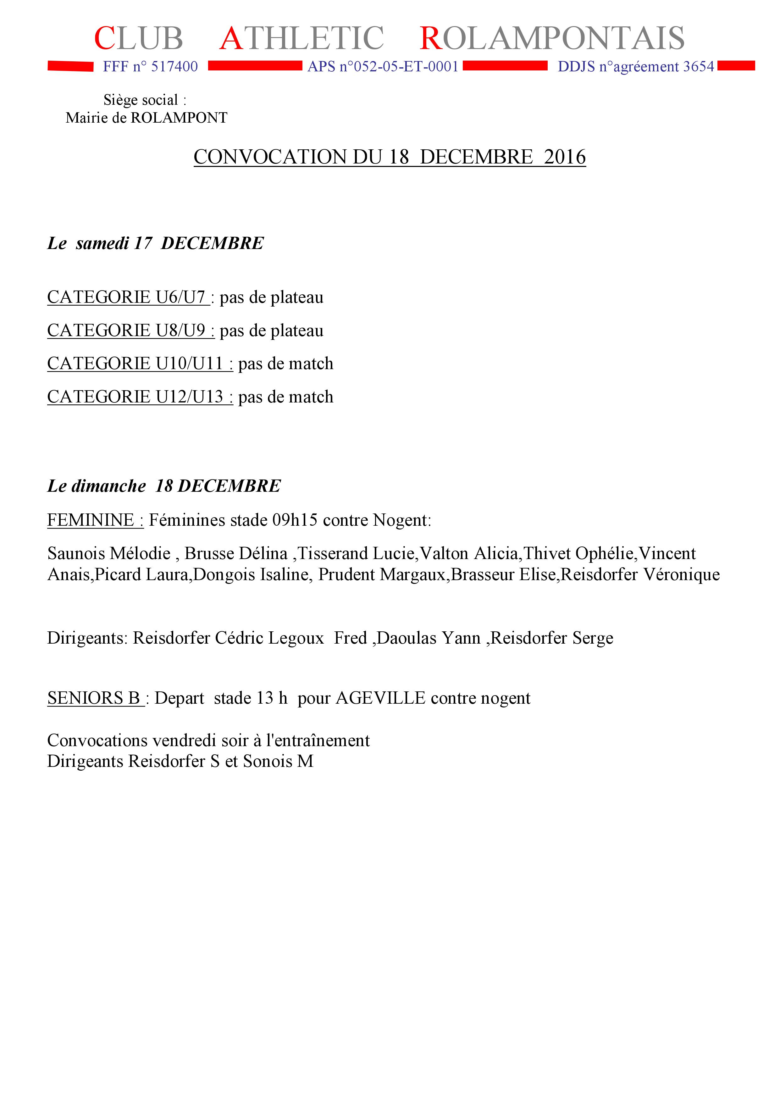 Actualité - Convocations sportives du 17 et 18... - club Football CLUB ATHLETIC ROLAMPONTAIS ...